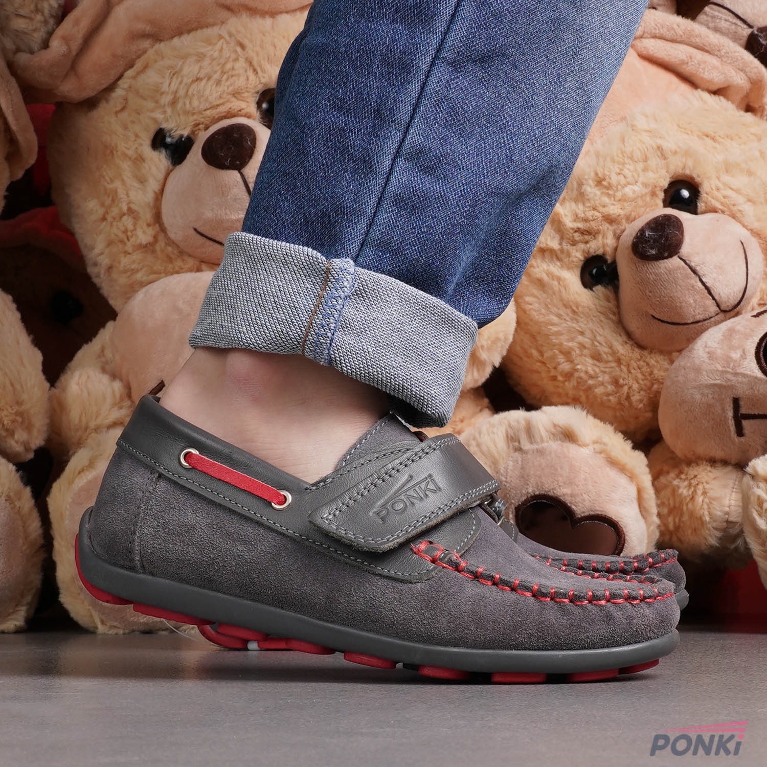 Children's Moccasins PONKI ELEGO GREY/RED, Sizes 26-30